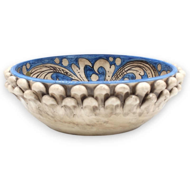 Pigna Bowl, Caltagirone ceramic centerpiece, Ø 30 x 10 cm approx. Antique White and Antique Blue, baroque decoration - 
