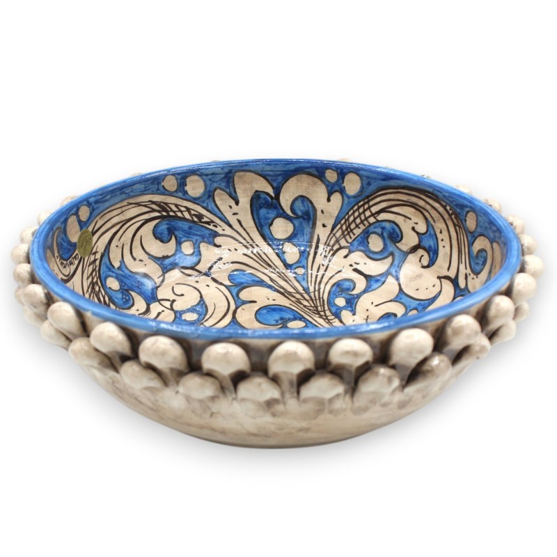 Tigela Pigna, centro de mesa de cerâmica Caltagirone, Ø 30 x 10 cm aprox. Branco antigo e Azul antigo, decoração barroca
