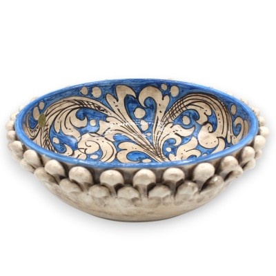 Tigela Pigna, centro de mesa de cerâmica Caltagirone, Ø 30 x 10 cm aprox. Branco antigo e Azul antigo, decoração barroca