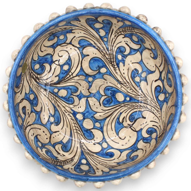 Tigela Pigna, centro de mesa de cerâmica Caltagirone, Ø 30 x 10 cm aprox. Branco antigo e Azul antigo, decoração barroca