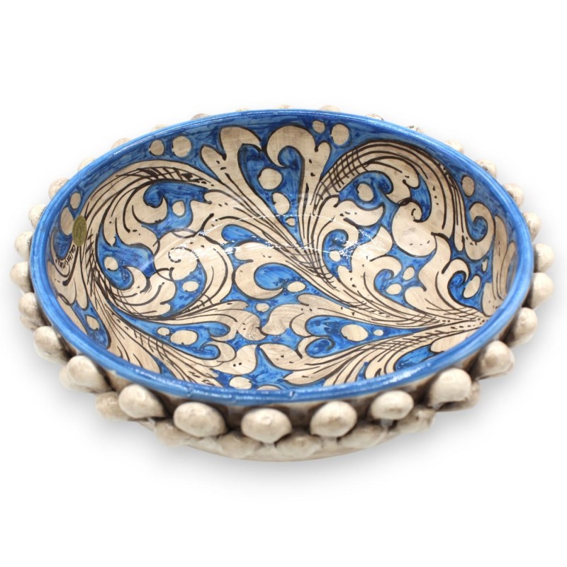 Pigna Bowl, Caltagirone ceramic centerpiece, Ø 30 x 10 cm approx. Antique White and Antique Blue, baroque decoration - 