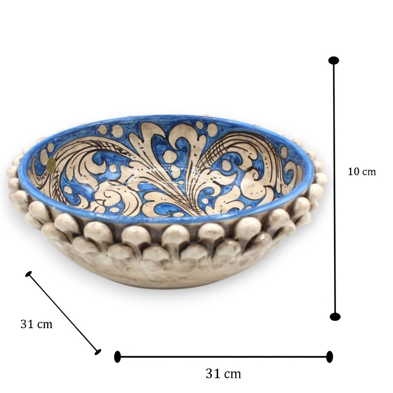 Pigna Bowl, Caltagirone ceramic centerpiece, Ø 30 x 10 cm approx. Antique White and Antique Blue, baroque decoration - 