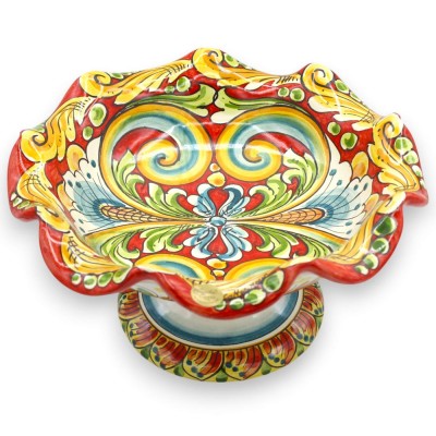 Gewellte Obstschale, Tafelaufsatz, Keramik aus Caltagirone, 2 Größen (1 Stück), roter Hintergrund, mehrfarbiges Barockde