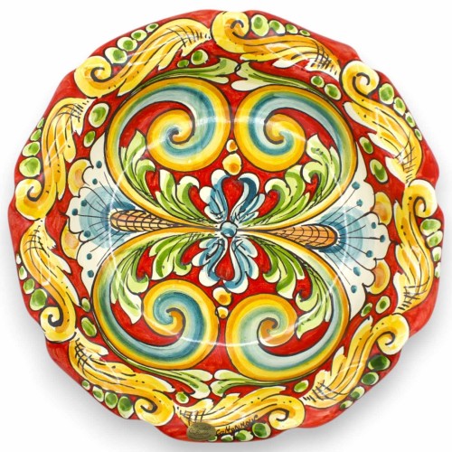 Środkowa część misy na owoce w kształcie muszli, ceramika Caltagirone, 2 rozmiary (1 sztuka), czerwone tło, wielobarwna  2