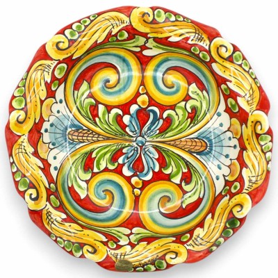 Gewellte Obstschale, Tafelaufsatz, Keramik aus Caltagirone, 2 Größen (1 Stück), roter Hintergrund, mehrfarbiges Barockde