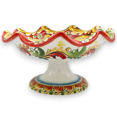Gewellte Obstschale, Tafelaufsatz, Keramik aus Caltagirone, 2 Größen (1 Stück), roter Hintergrund, mehrfarbiges Barockde