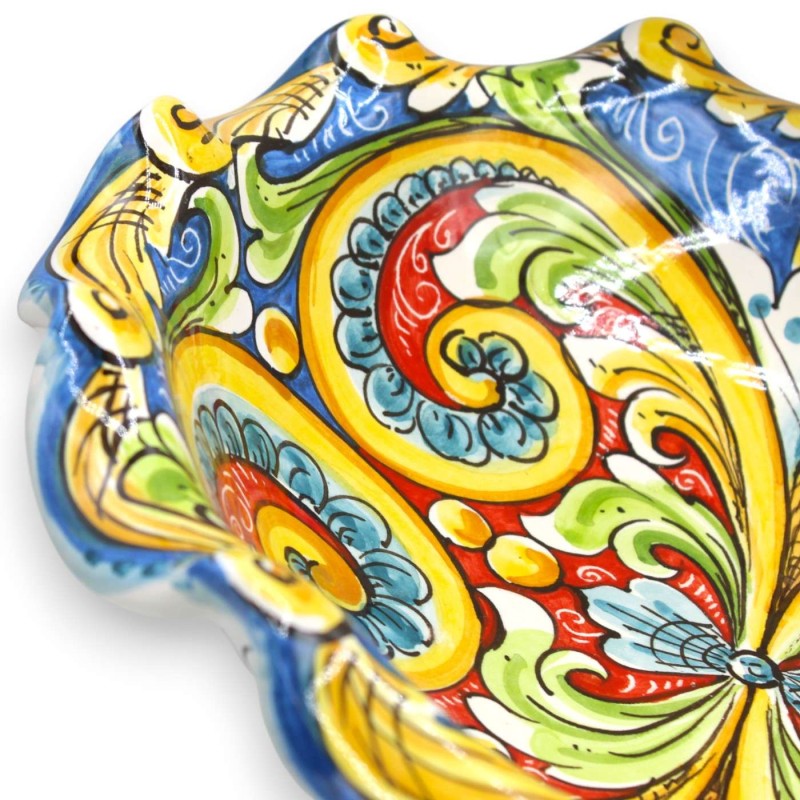 Gewellte Obstschale als Tafelaufsatz, Keramik aus Caltagirone, 2 Größen (1 Stück), blauer Hintergrund, mehrfarbige Baroc