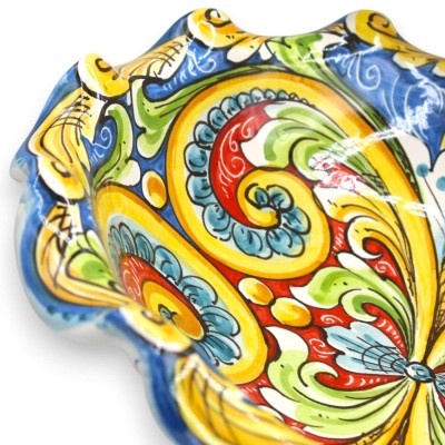 Fruitschaal als middelpunt, gedecoreerd met Caltagirone-keramiek, 2 maten (1 stuk), blauwe achtergrond, veelkleurige bar