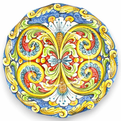 Środkowa część misy na owoce w kształcie muszli, ceramika Caltagirone, 2 rozmiary (1 sztuka), niebieskie tło, wielobarwn 2