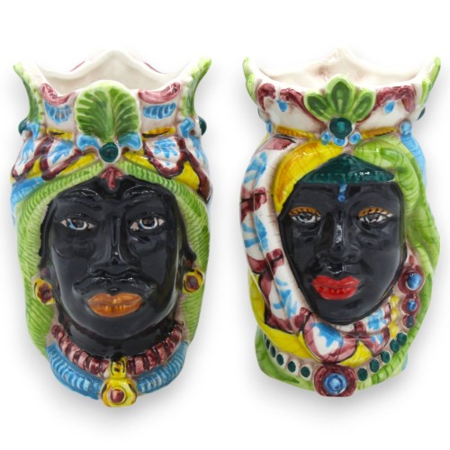 Sizilianische Maurenköpfe mit Krone und Turban (Paar) H 13/14 cm ca. Caltagirone Keramik MD32