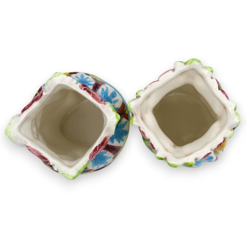 Siciliaanse Moorse hoofden met kroon en tulband (paar) h 13 / 14 cm ca. Caltagirone keramiek MD32 - 