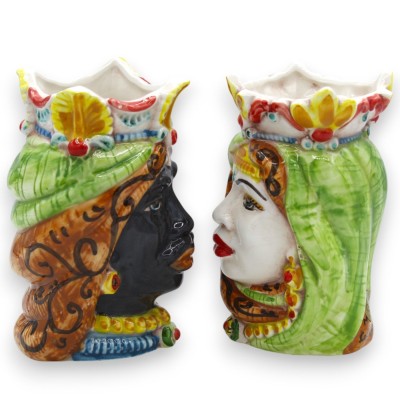 Cabezas moriscas sicilianas con corona y turbante (par) de 13/14 cm de altura aprox. Cerámica de Caltagirone MD31 - 