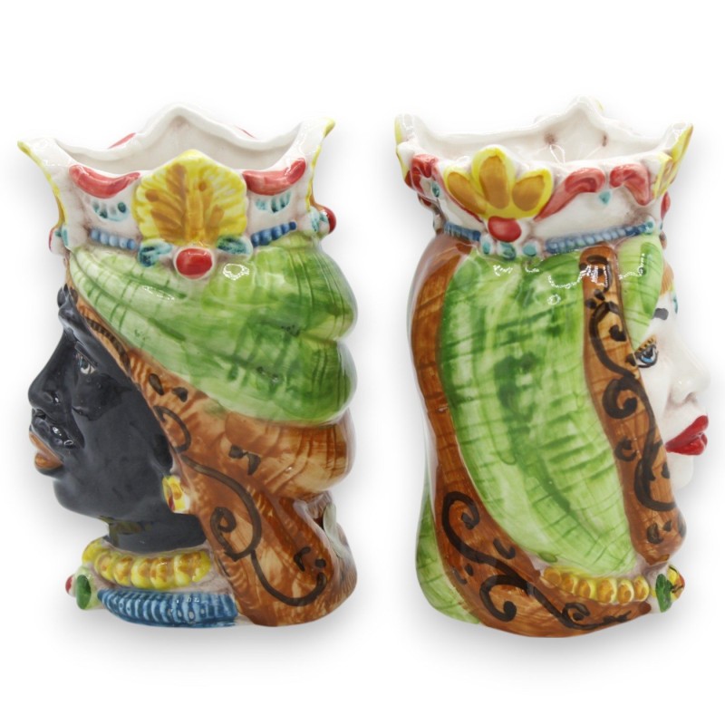 Cabezas moriscas sicilianas con corona y turbante (par) de 13/14 cm de altura aprox. Cerámica de Caltagirone MD31 - 