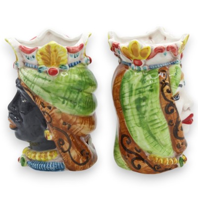 Cabezas moriscas sicilianas con corona y turbante (par) de 13/14 cm de altura aprox. Cerámica de Caltagirone MD31 - 