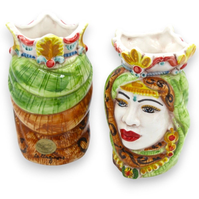 Cabezas moriscas sicilianas con corona y turbante (par) de 13/14 cm de altura aprox. Cerámica de Caltagirone MD31 - 