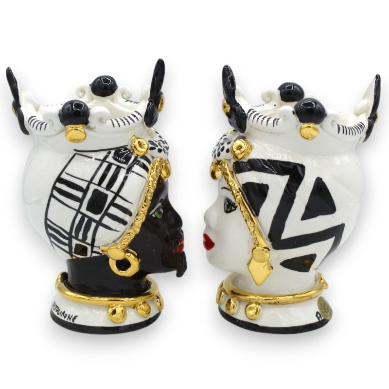 Cabeças mouriscas sicilianas (par) altura 17 cm aprox. Cerâmica Caltagirone, coroa e decoração moderna, esmalte OURO pur