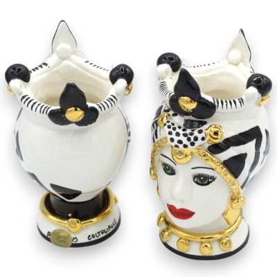 Cabeças mouriscas sicilianas (par) altura 17 cm aprox. Cerâmica Caltagirone, coroa e decoração moderna, esmalte OURO pur