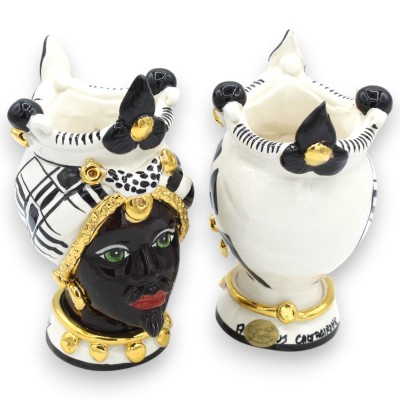 Cabeças mouriscas sicilianas (par) altura 17 cm aprox. Cerâmica Caltagirone, coroa e decoração moderna, esmalte OURO pur