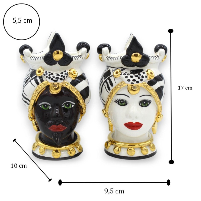 Cabeças mouriscas sicilianas (par) altura 17 cm aprox. Cerâmica Caltagirone, coroa e decoração moderna, esmalte OURO pur