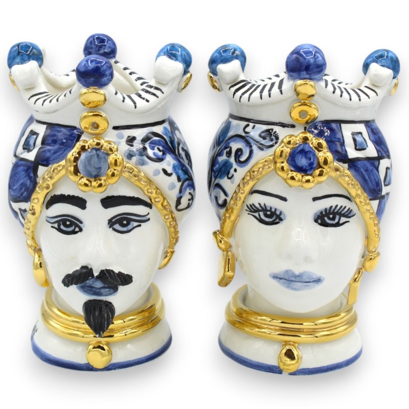 Cabeças mouriscas sicilianas (par) altura 17 cm aprox. Cerâmica Caltagirone, coroa e decoração moderna - esmalte OURO pu