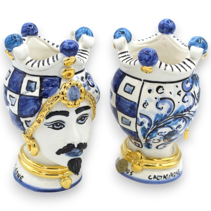 Cabeças mouriscas sicilianas (par) altura 17 cm aprox. Cerâmica Caltagirone, coroa e decoração moderna - esmalte OURO pu