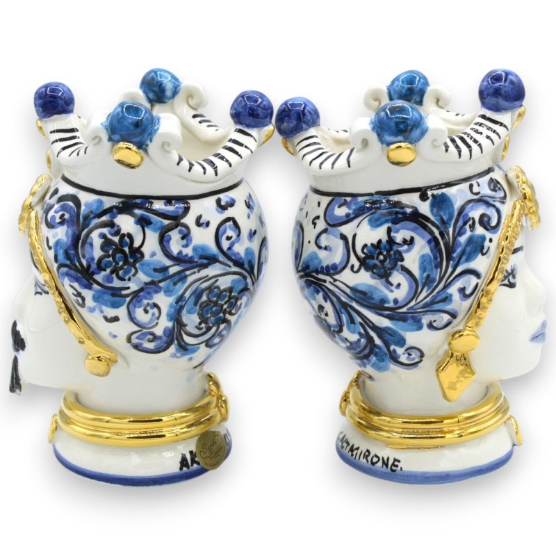 Cabeças mouriscas sicilianas (par) altura 17 cm aprox. Cerâmica Caltagirone, coroa e decoração moderna - esmalte OURO pu