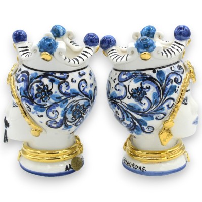 Cabeças mouriscas sicilianas (par) altura 17 cm aprox. Cerâmica Caltagirone, coroa e decoração moderna - esmalte OURO pu