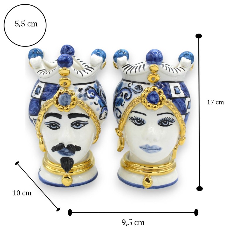 Cabeças mouriscas sicilianas (par) altura 17 cm aprox. Cerâmica Caltagirone, coroa e decoração moderna - esmalte OURO pu