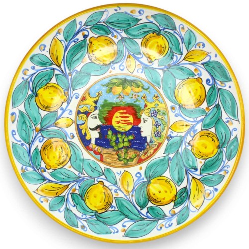 Zierteller Ø ca. 38 cm. Sizilianische Keramik, sizilianische Zitronen und Mohrenköpfe, gelber Rand - 