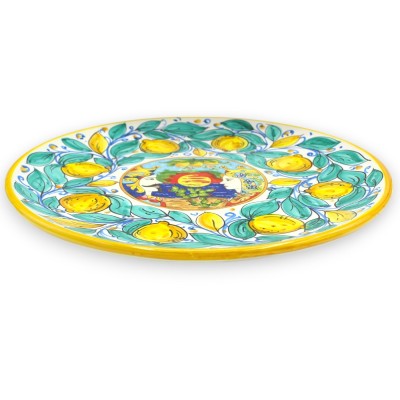 Prato decorativo Ø 38 cm aprox. Cerâmica siciliana, decoração com limões sicilianos e cabeças de mouros, borda amarela -