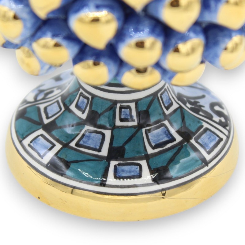 Pigna siciliana Caltagirone serie Èlite, h 20 cm ca. Blu Antico e gambo Design moderno, smalto in Oro Zecchino 24k - 