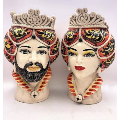 Teste di Moro Siciliane (1Unità) h 30 cm ca. Modello Normanno ceramica Caltagirone, Rosso - 