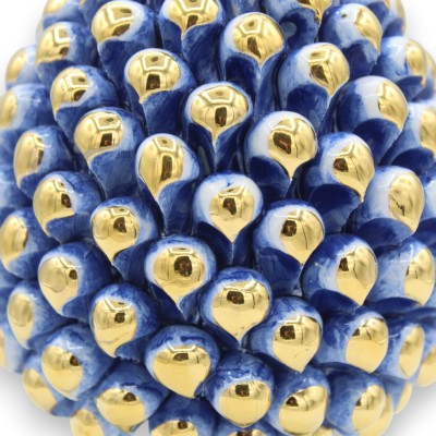 Pigna siciliana Caltagirone serie Èlite, h 20 cm ca. Blu Antico e gambo Design moderno, smalto in Oro Zecchino 24k - 