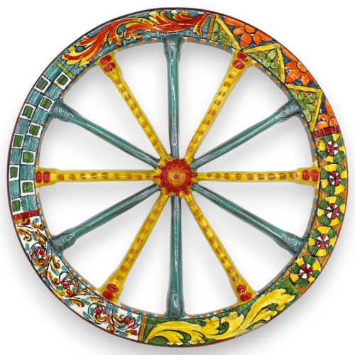 Roda de carroça siciliana em cerâmica Caltagirone, Ø 40 cm aprox. Multidecoração sobre fundo amarelo/verde. - 