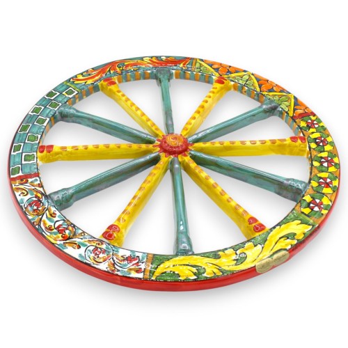 Roda de carroça siciliana em cerâmica Caltagirone, Ø 40 cm aprox. Multidecoração sobre fundo amarelo/verde. -  2