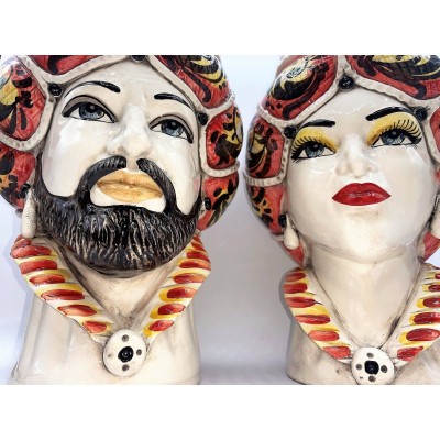 Teste di Moro Siciliane (1Unità) h 30 cm ca. Modello Normanno ceramica Caltagirone, Rosso - 