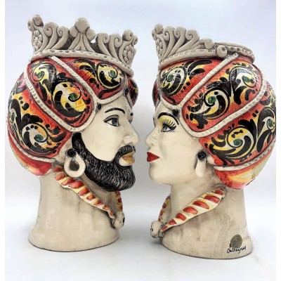 Teste di Moro Siciliane (1Unità) h 30 cm ca. Modello Normanno ceramica Caltagirone, Rosso - 