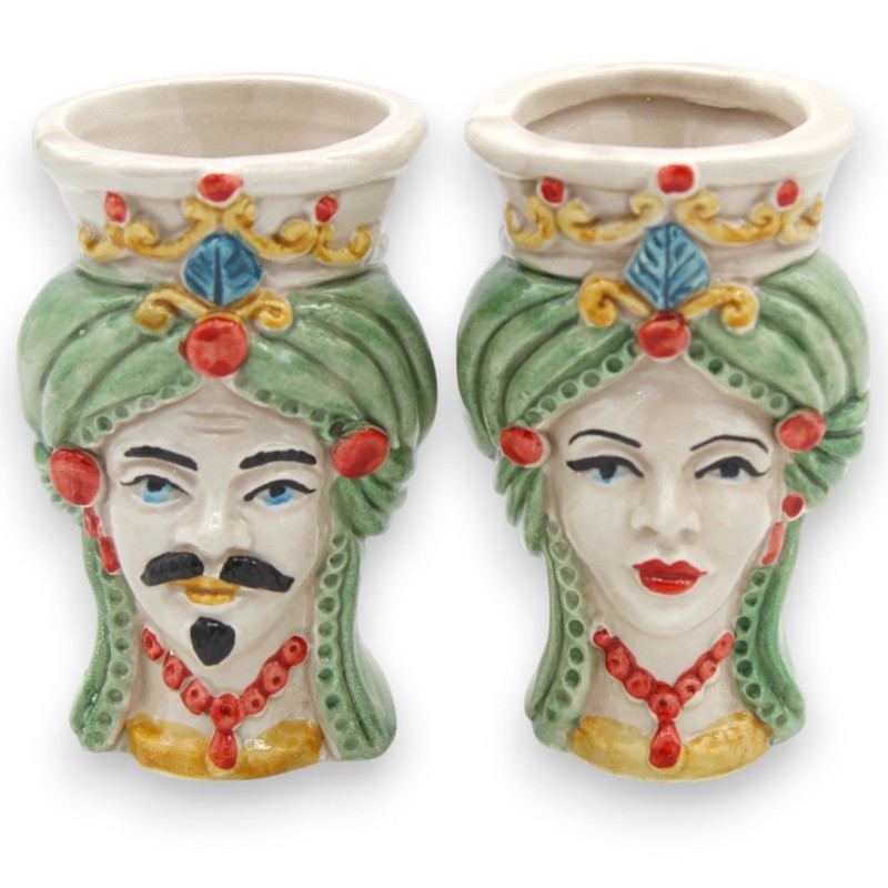 Siciliaanse Moorse hoofden (paar) met tulband, h 9 / 10 cm ca. Caltagirone keramiek MD2 - 