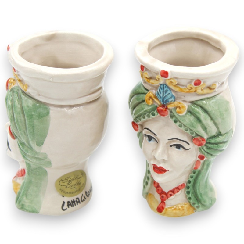 Siciliaanse Moorse hoofden (paar) met tulband, h 9 / 10 cm ca. Caltagirone keramiek MD2 - 