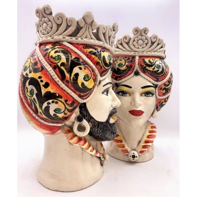Teste di Moro Siciliane (1Unità) h 30 cm ca. Modello Normanno ceramica Caltagirone, Rosso - 