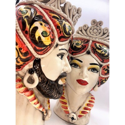 Teste di Moro Siciliane (1Unità) h 30 cm ca. Modello Normanno ceramica Caltagirone, Rosso - 