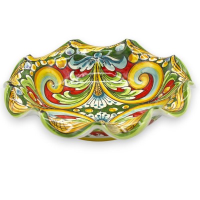 Gratängt Caltagirone-keramiskt mittstycke med två storlekar (1 st) flerfärgad barockdekoration grön och röd bakgrund MD3
