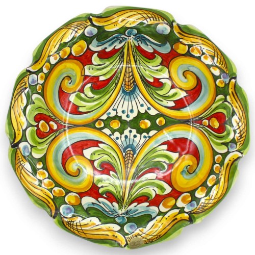 Gratängt Caltagirone-keramiskt mittstycke med två storlekar (1 st) flerfärgad barockdekoration grön och röd bakgrund MD3 2