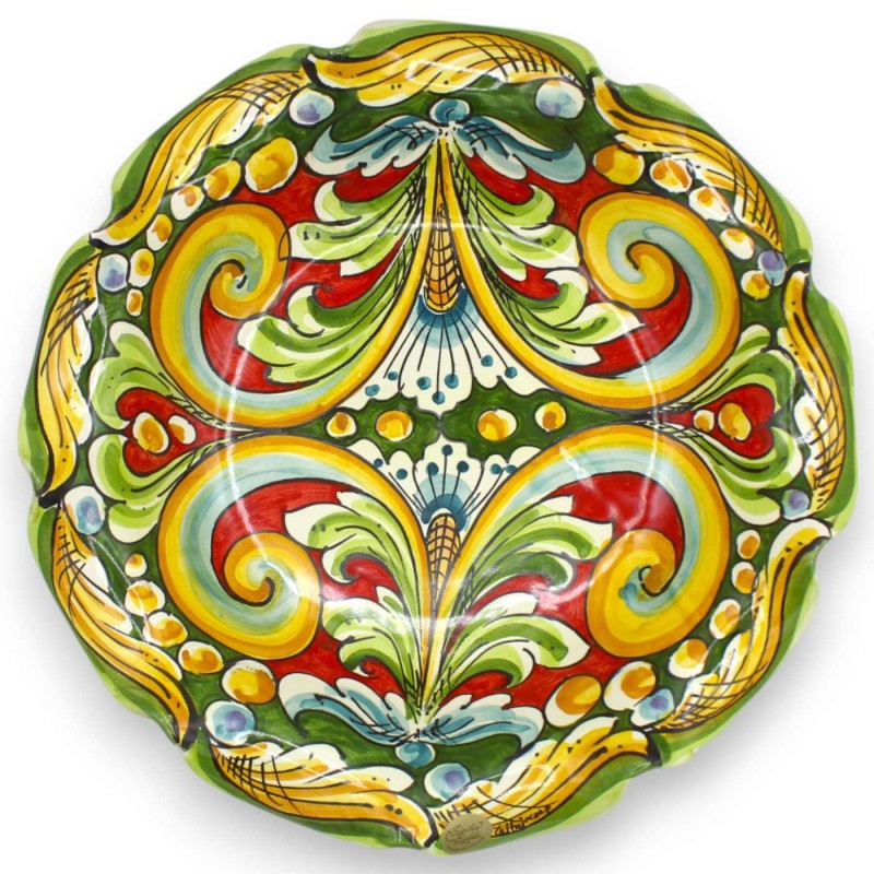 Gratängt Caltagirone-keramiskt mittstycke med två storlekar (1 st) flerfärgad barockdekoration grön och röd bakgrund MD3