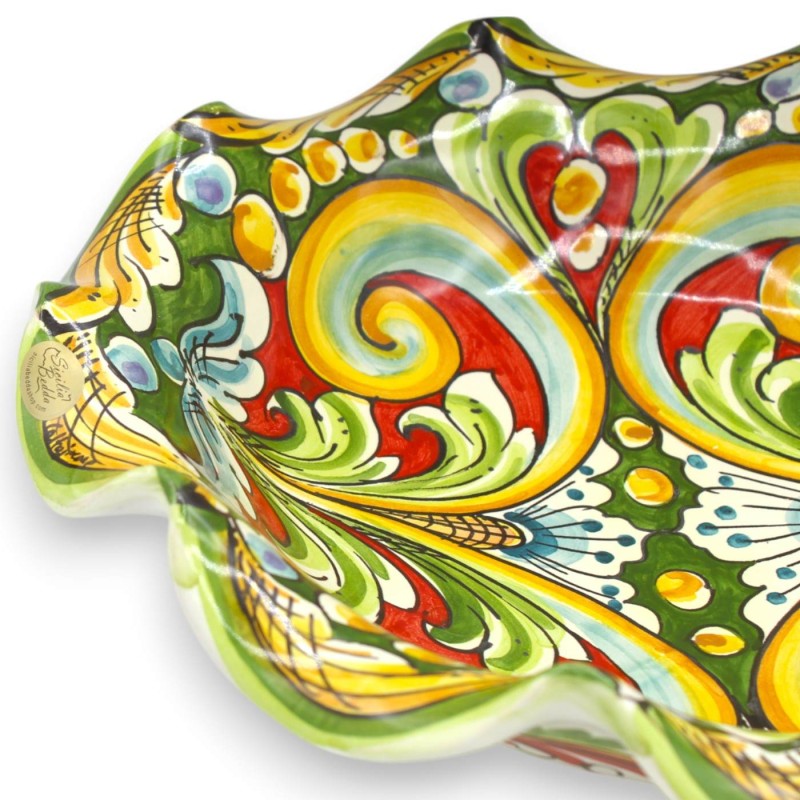 Gratängt Caltagirone-keramiskt mittstycke med två storlekar (1 st) flerfärgad barockdekoration grön och röd bakgrund MD3
