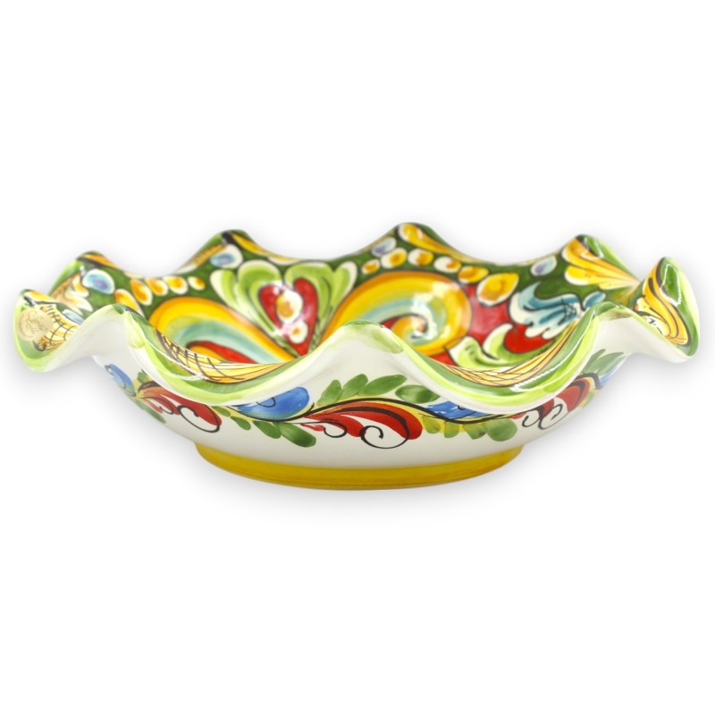 Gratängt Caltagirone-keramiskt mittstycke med två storlekar (1 st) flerfärgad barockdekoration grön och röd bakgrund MD3