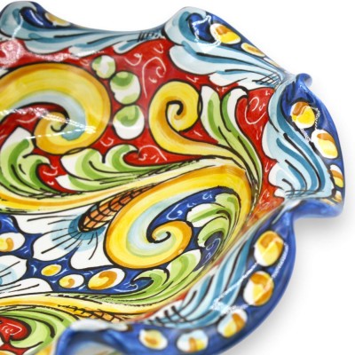 Gewellter Tafelaufsatz aus Caltagirone-Keramik in zwei Größen (1 Stück), mehrfarbige Barockdekoration, blauer und roter 