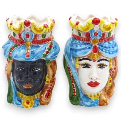 Pareja de cabezas moriscas normandas en cerámica de Caltagirone h 13 / 14 cm aprox. con corona MD8