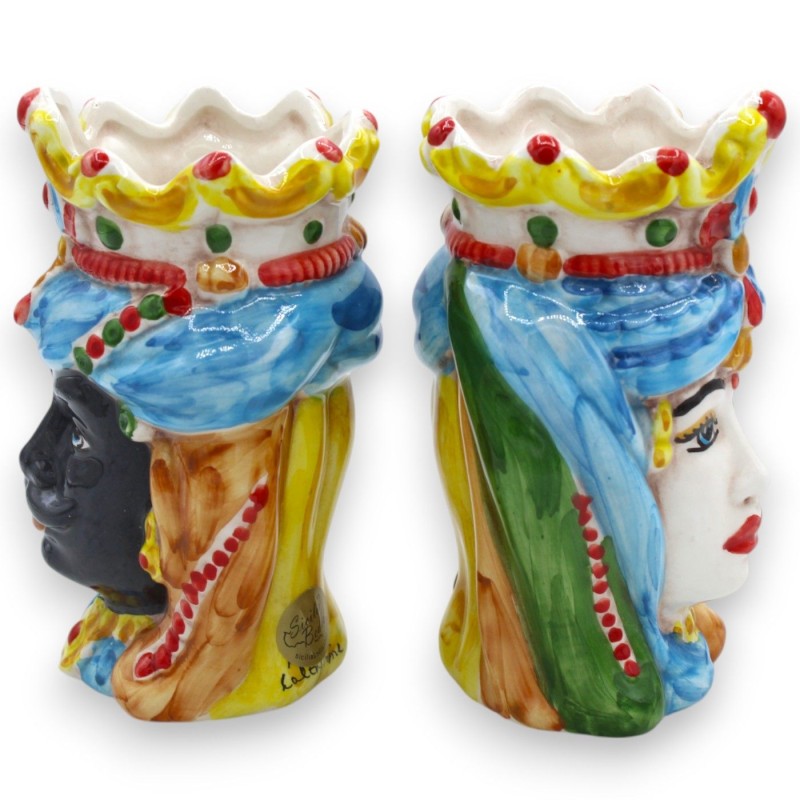 Paar normannische Maurenköpfe aus Caltagirone-Keramik, ca. 13/14 cm hoch, mit Krone MD8 - 