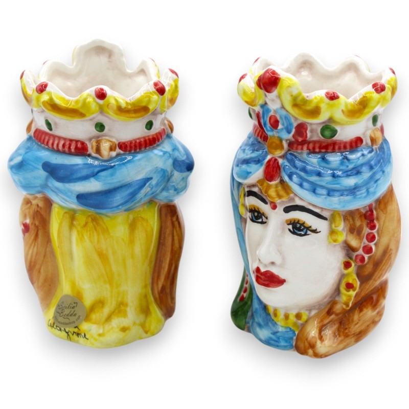 Paar Normandische Moorse hoofden in Caltagirone-keramiek h 13 / 14 cm ca. met kroon MD8 - 
